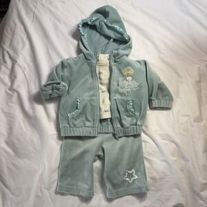 Starting Out Baby Girl 6M 3pc Velour Ballerina Tracksuit Green Jacket Top Pants